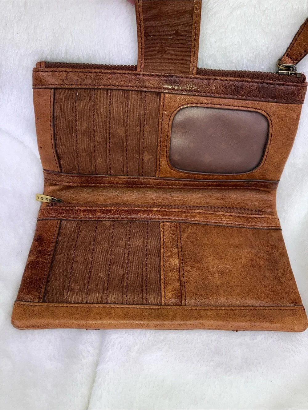 Fossil Brown Leather Zip & Flap Wallet with Gold Plaque